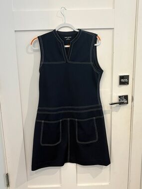 Tory Sport Navy Sleeveless Shift Dress with Contrast White Stitching